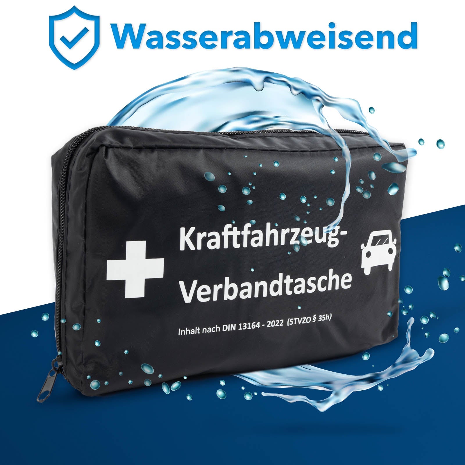 KFZ-Verbandtasche aus Nylon, Inhalt nach DIN 13164:2022, wahlweise mit  Warndreieck und Warnweste