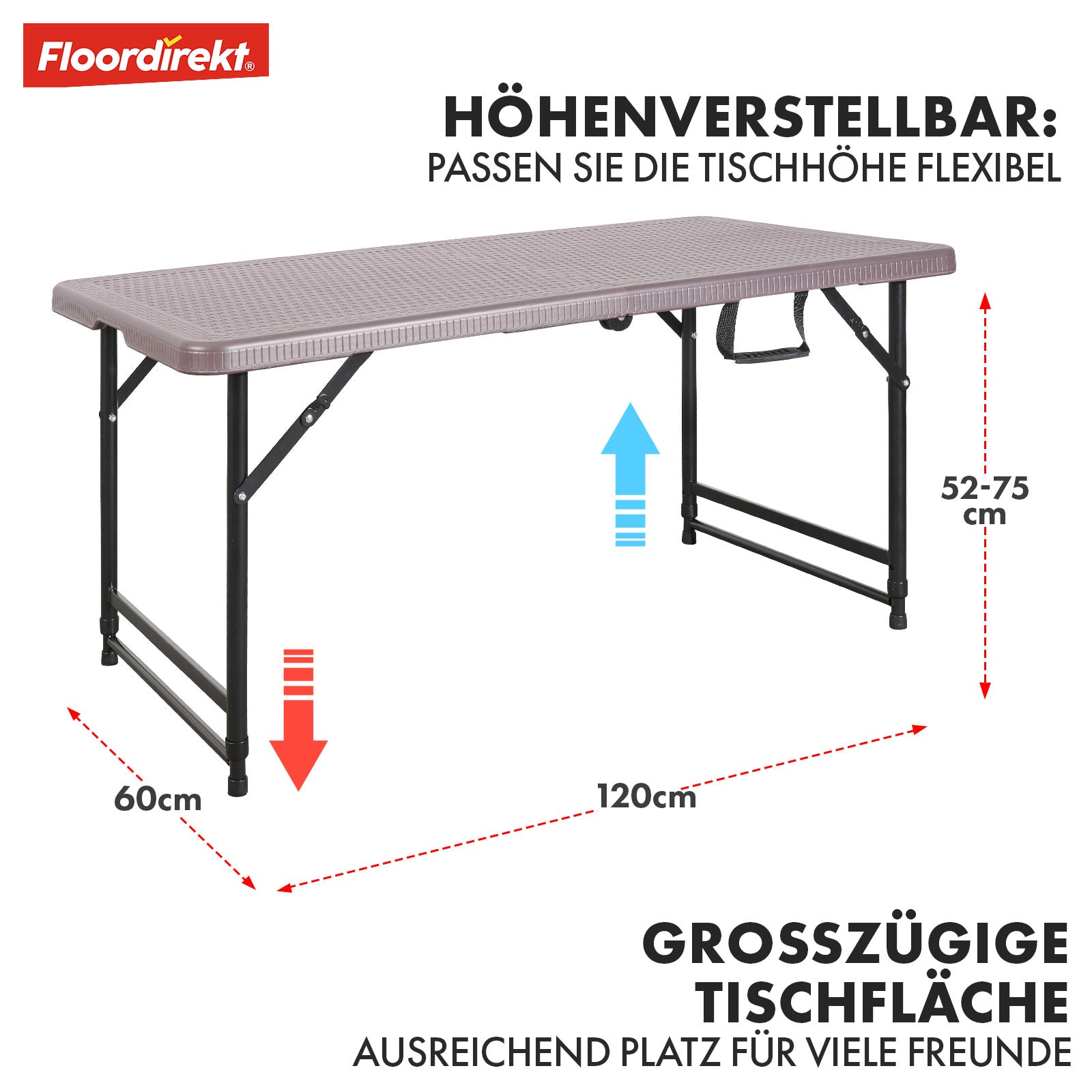 Klapptisch | Saga | Höhenverstellbar und Wetterfest, Ideal für Garten und Camping | 120 x 60 cm